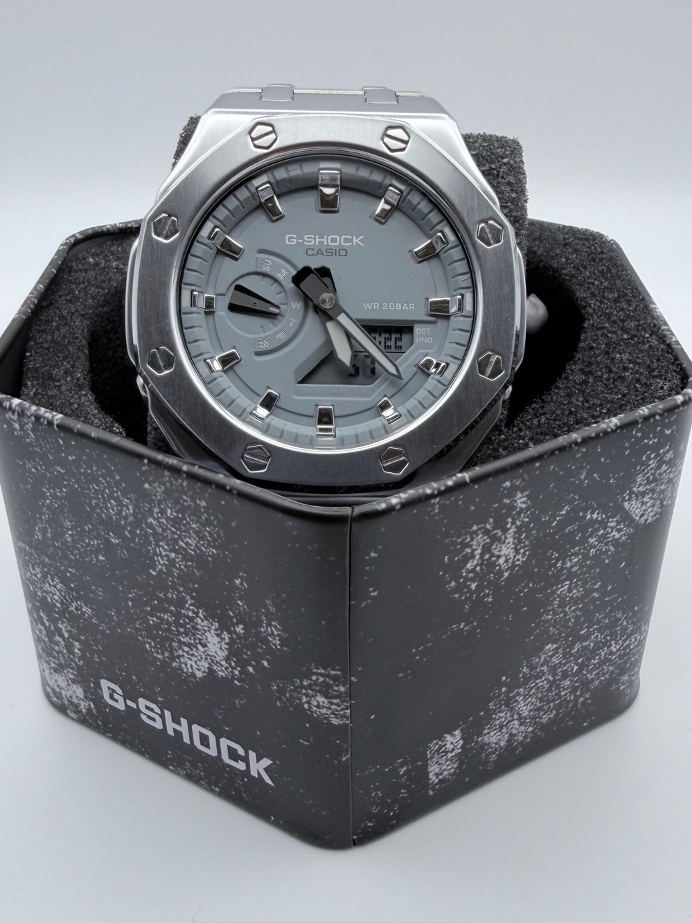 Custom Modded G-Shock Silver and Gray Octagonal Metal Watch